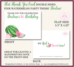 Pink Watermelon Birthday Thank You Card Party Girl Flat Folded One In a Melon Green Two Sweet Boogie Bear Invitations Darlene Theme Printed