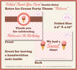 Ice Cream Birthday Party Thank You Card Retro Sweet Summer Girl Vintage Scoop Sweet Pink Coral Boogie Bear Invitations Rebecca Theme Printed