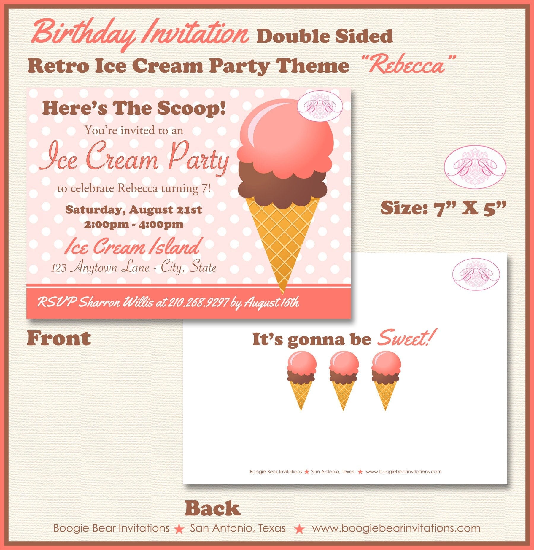 Ice Cream Birthday Party Invitation Retro Summer Fun Girl Sweet Coral Pink  Boogie Bear Invitations Rebecca Theme Paperless Printable Printed, image size:1800x1854