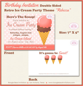 Ice Cream Birthday Party Invitation Retro Summer Fun Girl Sweet Coral Pink Boogie Bear Invitations Rebecca Theme Paperless Printable Printed