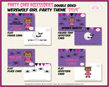 Load image into Gallery viewer, Werewolf Girl Birthday Favor Party Card Tent Place Halloween Full Moon Pink Black Purple Spider Boogie Bear Invitations Sylvie Theme Printed