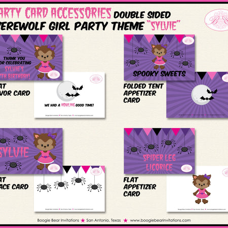 Werewolf Girl Birthday Favor Party Card Tent Place Halloween Full Moon Pink Black Purple Spider Boogie Bear Invitations Sylvie Theme Printed