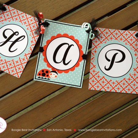 Ladybug Happy Birthday Party Banner Red Black Tea Aqua Girl Little Lady Bug 1st 2nd 3rd 4th 5th 6th 7th Boogie Bear Invitations Isabel Theme