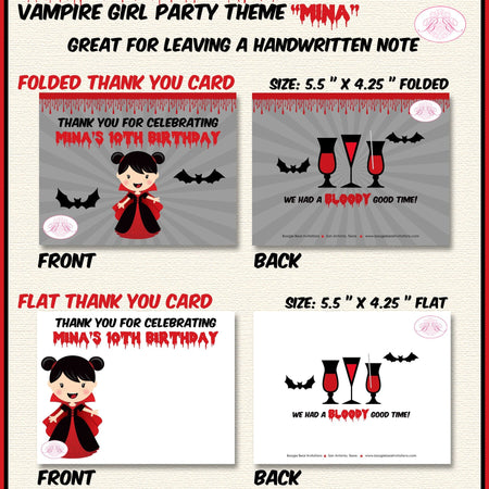 Vampire Girl Party Thank You Card Note Birthday Halloween Blood Red Cocktail Vampiress Dracula Boogie Bear Invitations Mina Theme Printed