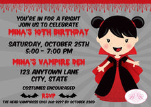 Load image into Gallery viewer, Vampire Girl Birthday Party Invitation Halloween Blood Fang Red Black Dracula Boogie Bear Invitations Mina Theme Paperless Printable Printed