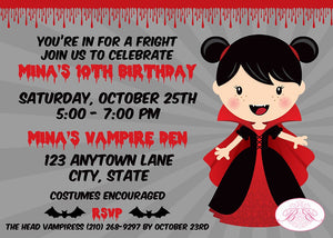 Vampire Girl Birthday Party Invitation Halloween Blood Fang Red Black Dracula Boogie Bear Invitations Mina Theme Paperless Printable Printed