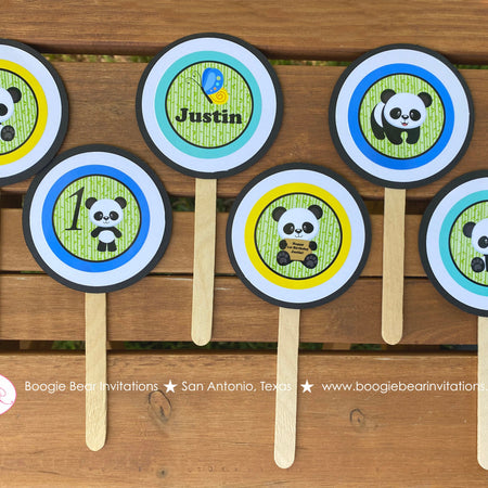 Panda Bear Birthday Party Cupcake Toppers Cake Display Boy Blue Black Yellow Green Blue Zoo Wild Kids Boogie Bear Invitations Justin Theme