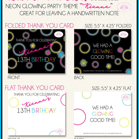 Neon Glowing Rings Birthday Thank You Card Party Note Flat Folded Pink Blue Yellow Green Teen Boogie Bear Invitations Kianna Theme Printed