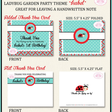Red Ladybug Party Thank You Card Birthday Garden Little Flower Red Black Picnic Garden Lady Bug Boogie Bear Invitations Isabel Theme Printed