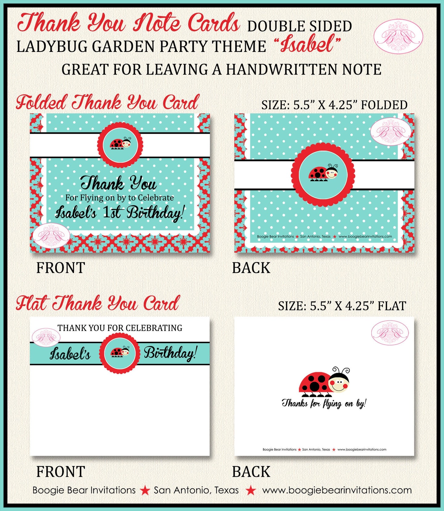 Red Ladybug Party Thank You Card Birthday Garden Little Flower Red Black Picnic Garden Lady Bug Boogie Bear Invitations Isabel Theme Printed