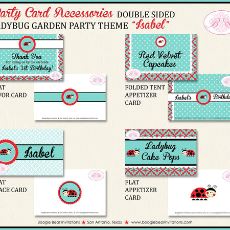 Ladybug Birthday Party Favor Card Tent Place Appetizer Food Tag Girl Red Black Blue Garden Picnic Bug Boogie Bear Invitations Isabel Theme