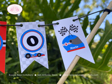 Load image into Gallery viewer, Race Car Birthday Party Pennant Cake Banner Topper Flag Boy Girl Red Blue Silver Checkered Flag Racing Boogie Bear Invitations Mario Theme