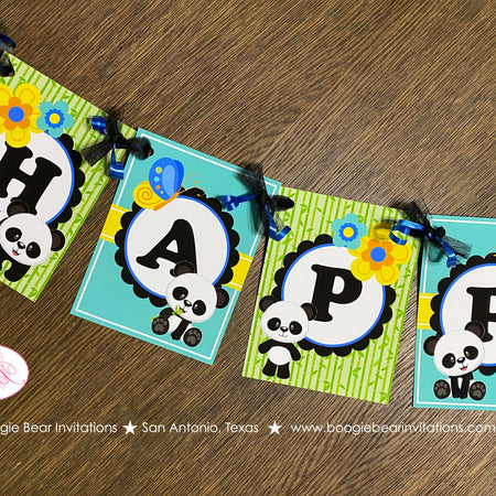 Blue Panda Bear Happy Birthday Party Banner Boy Tropical Jungle Green Black Butterfly Wild Zoo Animals Boogie Bear Invitations Justin Theme