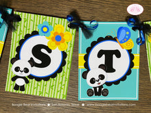 Load image into Gallery viewer, Blue Panda Bear Birthday Name Party Banner Boy Tropical Jungle Green Black Butterfly Wild Zoo Animals Boogie Bear Invitations Justin Theme