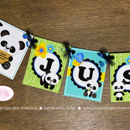 Blue Panda Bear Birthday Name Party Banner Boy Tropical Jungle Green Black Butterfly Wild Zoo Animals Boogie Bear Invitations Justin Theme