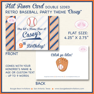 Retro Baseball Birthday Party Favor Card Appetizer Food Place Sign Label Softball Boy Girl Orange Blue Boogie Bear Invitations Casey Theme