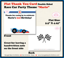Load image into Gallery viewer, Race Car Party Thank You Card Black Birthday Favor Note Boy Girl Red Blue Checkered Flag Black Boogie Bear Invitations Mario Theme Printed