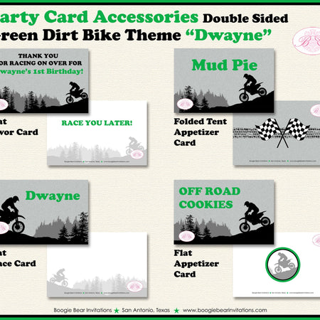 Dirt Bike Birthday Party Favor Card Tent Appetizer Place Food Green Enduro Motocross Racing Motorcycle Boogie Bear Invitations Dwayne Theme