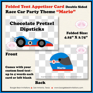 Race Car Birthday Party Favor Card Tent Appetizer Place Black Red Blue Boy Girl Checkered Flag Boogie Bear Invitations Mario Theme Printed