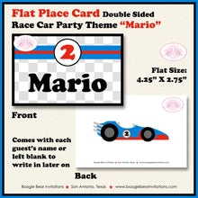 Load image into Gallery viewer, Race Car Birthday Party Favor Card Tent Appetizer Place Black Red Blue Boy Girl Checkered Flag Boogie Bear Invitations Mario Theme Printed