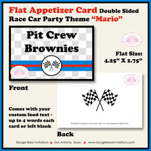 Load image into Gallery viewer, Race Car Birthday Party Favor Card Tent Appetizer Place Black Red Blue Boy Girl Checkered Flag Boogie Bear Invitations Mario Theme Printed