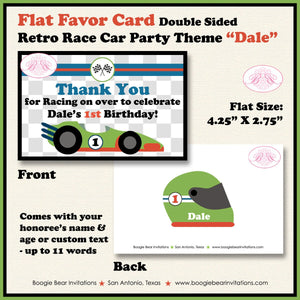 Race Car Birthday Party Favor Card Tent Appetizer Place Retro Green Blue Boy Girl Checkered Flag Boogie Bear Invitations Dale Theme Printed