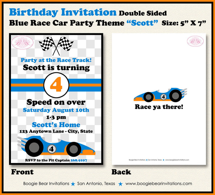 Race Car Birthday Party Invitation Orange Black Blue Checkered Flag Girl Boy Boogie Bear Invitations Scott Theme Paperless Printable Printed