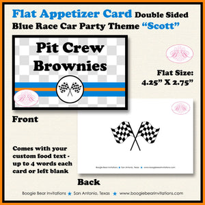 Race Car Birthday Party Favor Card Tent Appetizer Place Black Orange Blue Boy Checkered Flag Boogie Bear Invitations Scott Theme Printed