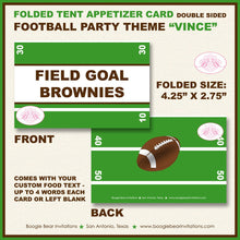 Load image into Gallery viewer, Football Birthday Party Favor Card Tent Appetizer Place Favor Sports Team Club Game Green Brown Boogie Bear Invitations Vince Theme Printed