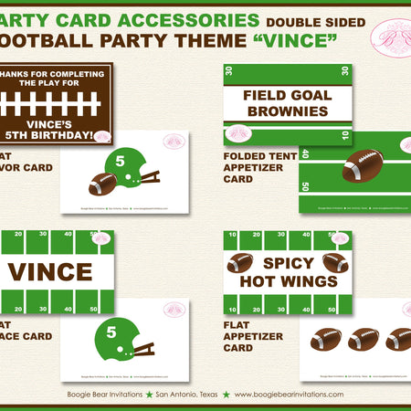 Football Birthday Party Favor Card Tent Appetizer Place Favor Sports Team Club Game Green Brown Boogie Bear Invitations Vince Theme Printed
