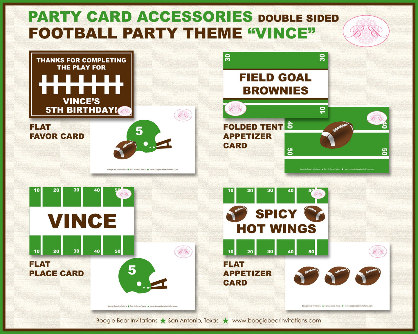 Football Birthday Party Favor Card Tent Appetizer Place Favor Sports Team Club Game Green Brown Boogie Bear Invitations Vince Theme Printed
