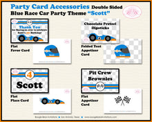 Load image into Gallery viewer, Race Car Birthday Party Favor Card Tent Appetizer Place Black Orange Blue Boy Checkered Flag Boogie Bear Invitations Scott Theme Printed