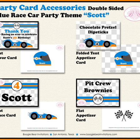 Race Car Birthday Party Favor Card Tent Appetizer Place Black Orange Blue Boy Checkered Flag Boogie Bear Invitations Scott Theme Printed