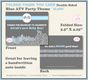 Blue ATV Baby Shower Party Thank You Card Boy Grey Silver Glitter 4 Wheeler Stripe Quad Racing Boogie Bear Invitations Alvah Theme Printed