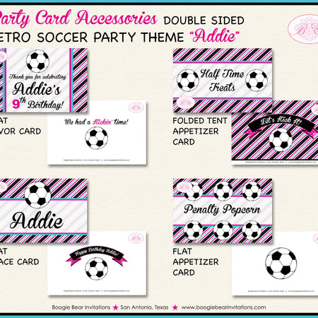 Pink Soccer Birthday Party Favor Card Appetizer Food Place Sign Label Game Girl Retro Black Blue Stripe Boogie Bear Invitations Addie Theme