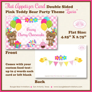 Pink Teddy Bear Birthday Party Favor Card Appetizer Food Place Sign Label Girl Picnic Summer Garden Bird Boogie Bear Invitations Lucia Theme