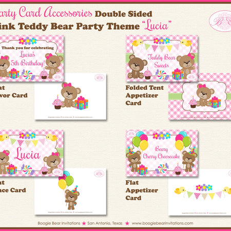 Pink Teddy Bear Birthday Party Favor Card Appetizer Food Place Sign Label Girl Picnic Summer Garden Bird Boogie Bear Invitations Lucia Theme