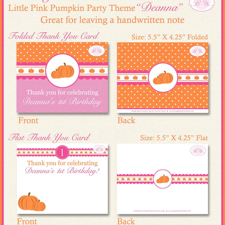 Pink Pumpkin Party Thank You Card Birthday Girl Fall Autumn Harvest Pink Orange Little Rustic Boogie Bear Invitations Deanna Theme Printed
