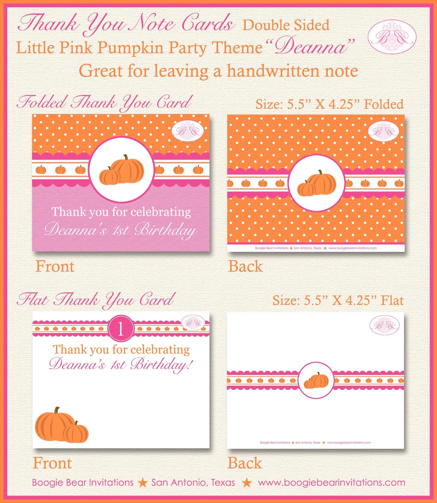 Pink Pumpkin Party Thank You Card Birthday Girl Fall Autumn Harvest Pink Orange Little Rustic Boogie Bear Invitations Deanna Theme Printed
