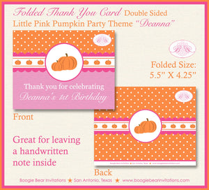 Pink Pumpkin Party Thank You Card Birthday Girl Fall Autumn Harvest Pink Orange Little Rustic Boogie Bear Invitations Deanna Theme Printed