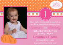 Load image into Gallery viewer, Pink Pumpkin Birthday Party Invitation Photo Little Girl Orange Fall Autumn Boogie Bear Invitations Deanna Theme Paperless Printable Printed