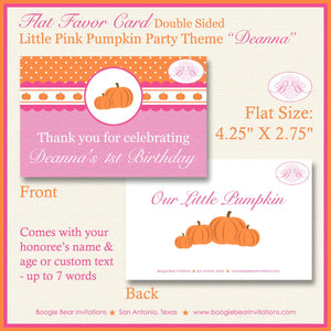 Pink Pumpkin Birthday Favor Party Card Tent Place Food Appetizer Girl Orange Autumn Fall Picnic Boogie Bear Invitations Deanna Theme Printed