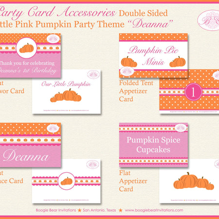 Pink Pumpkin Birthday Favor Party Card Tent Place Food Appetizer Girl Orange Autumn Fall Picnic Boogie Bear Invitations Deanna Theme Printed