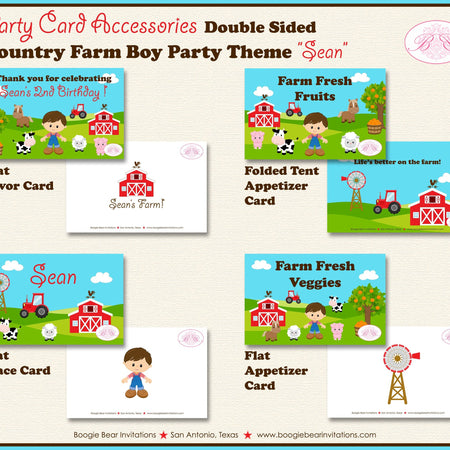 Country Farm Boy Birthday Favor Party Card Tent Place Tag Food Sign Appetizer Label Animals Barn Tractor Boogie Bear Invitations Sean Theme