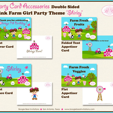 Pink Farm Birthday Favor Party Card Tent Place Tag Food Sign Appetizer Label Animals Girl Barn Country Boogie Bear Invitations Shirley Theme