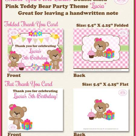 Pink Teddy Bear Party Thank You Card Birthday Girl Picnic Summer Flower Green Garden Little Bird Boogie Bear Invitations Lucia Theme Printed
