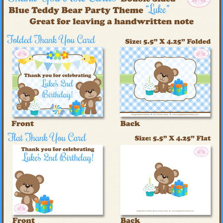 Blue Teddy Bear Party Thank You Card Birthday Boy Picnic Summer Flower Green Garden Outdoor Bird Boogie Bear Invitations Luke Theme Printed