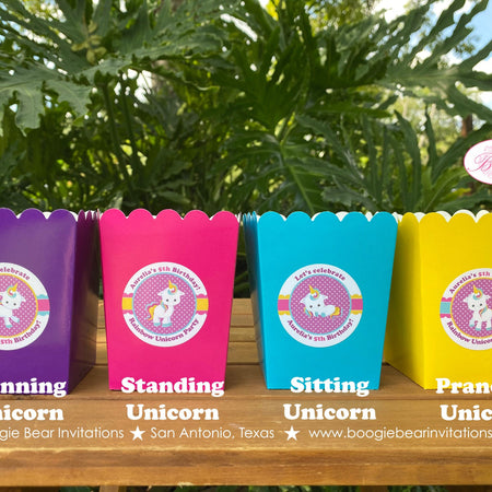 Rainbow Unicorn Birthday Popcorn Boxes Mini Food Buffet Party irl Pink Yellow Blue Purple Magic Boogie Bear Invitations Aurelia Theme