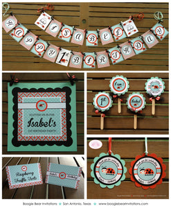 Red Ladybug Birthday Party Package Lady Bug Aqua Blue Turquoise Outdoor Garden Polka Dot Zoo Animals Boogie Bear Invitations Isabel Theme