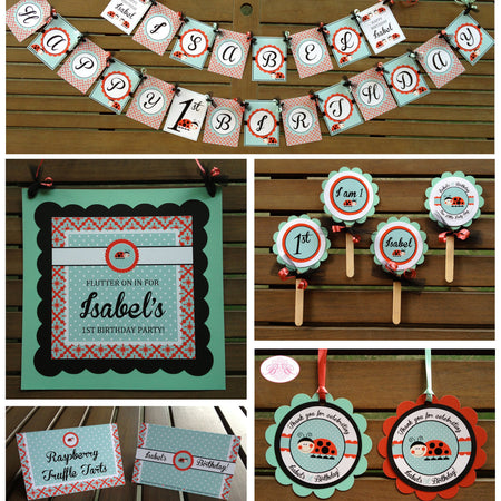 Red Ladybug Birthday Party Package Lady Bug Aqua Blue Turquoise Outdoor Garden Polka Dot Zoo Animals Boogie Bear Invitations Isabel Theme